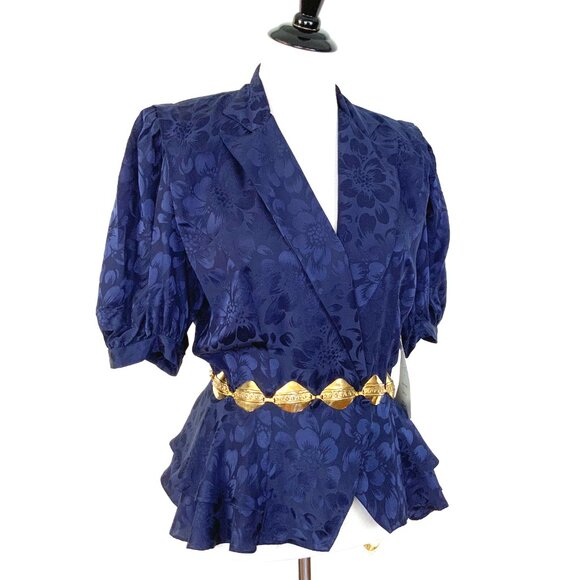 New Vintage Argenti Silk Floral Jacquard  Navy/Purple Peplum Blouse Size 8 - Picture 10 of 16